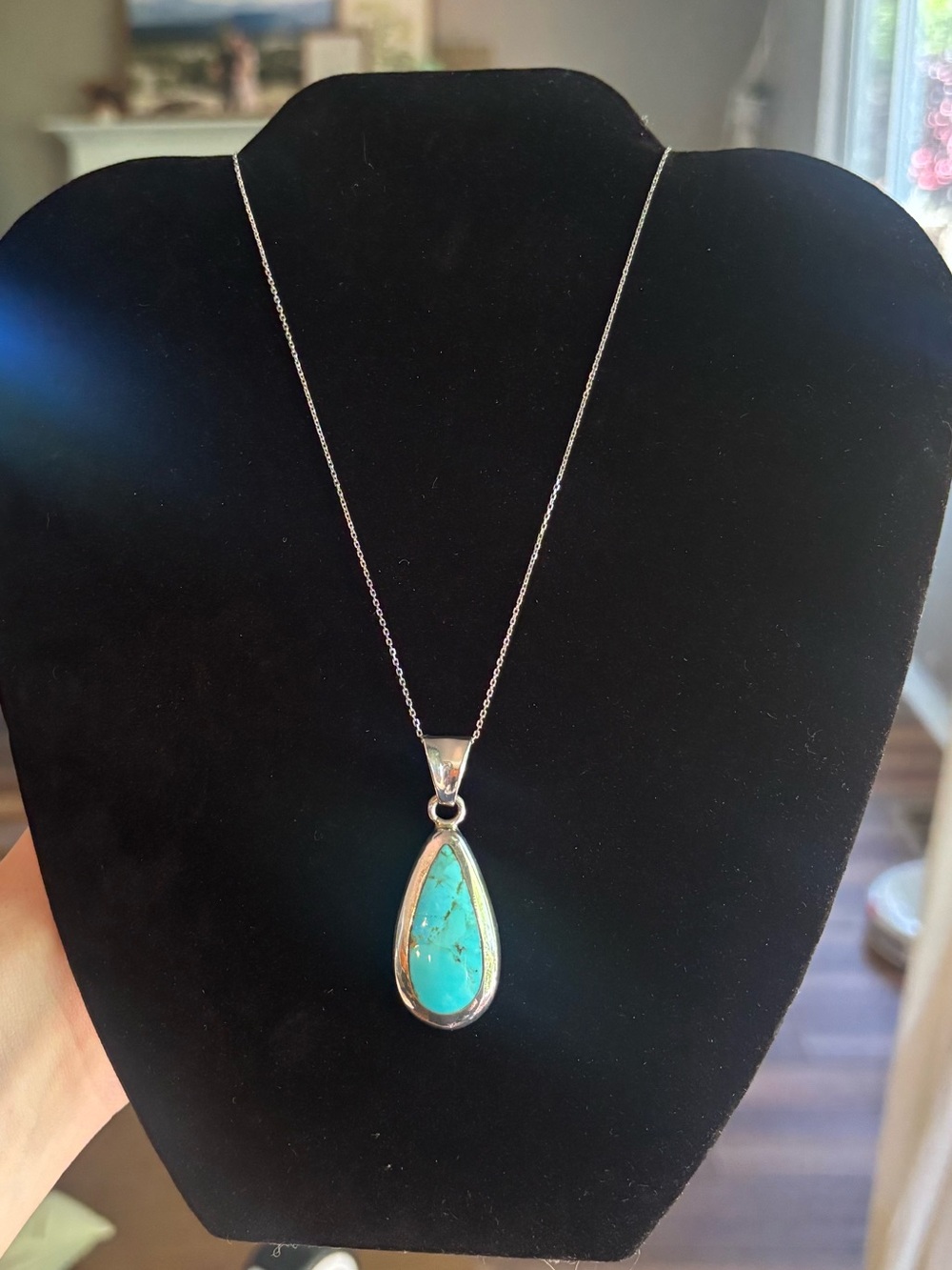 925 Sterling Silver Turquoise Teardrop Pendant Necklace 17" Chain Southwestern